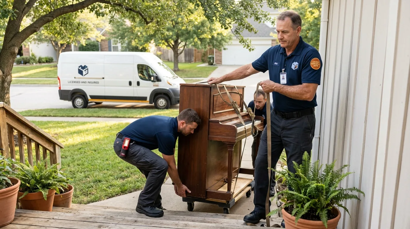 Licensed piano movers securing grand piano in Woodstock, NY