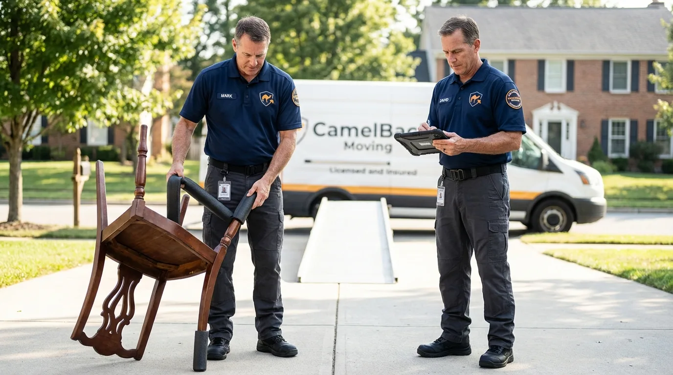 Movers inspecting furniture for damage prevention before loading in Woodstock, NY