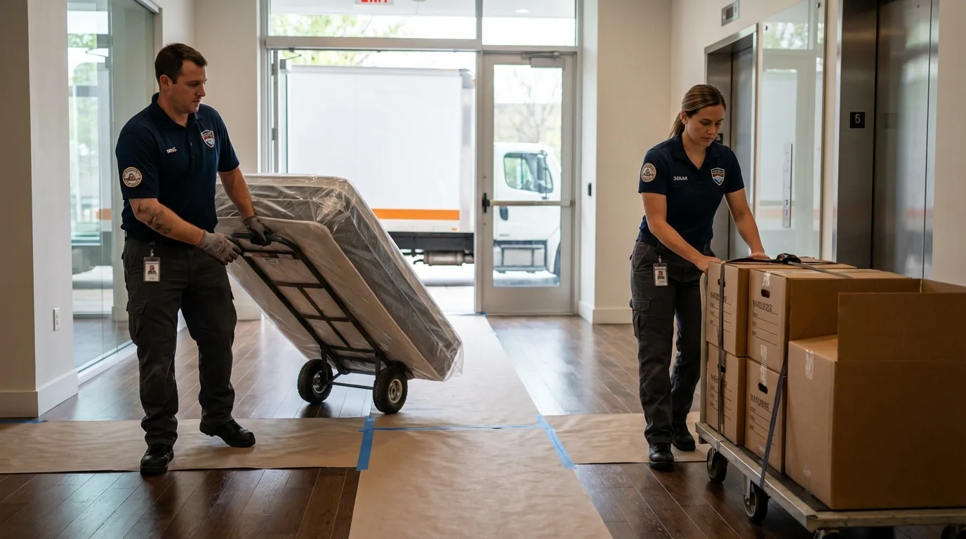 Professional apartment movers loading elevator in Woodstock, NY