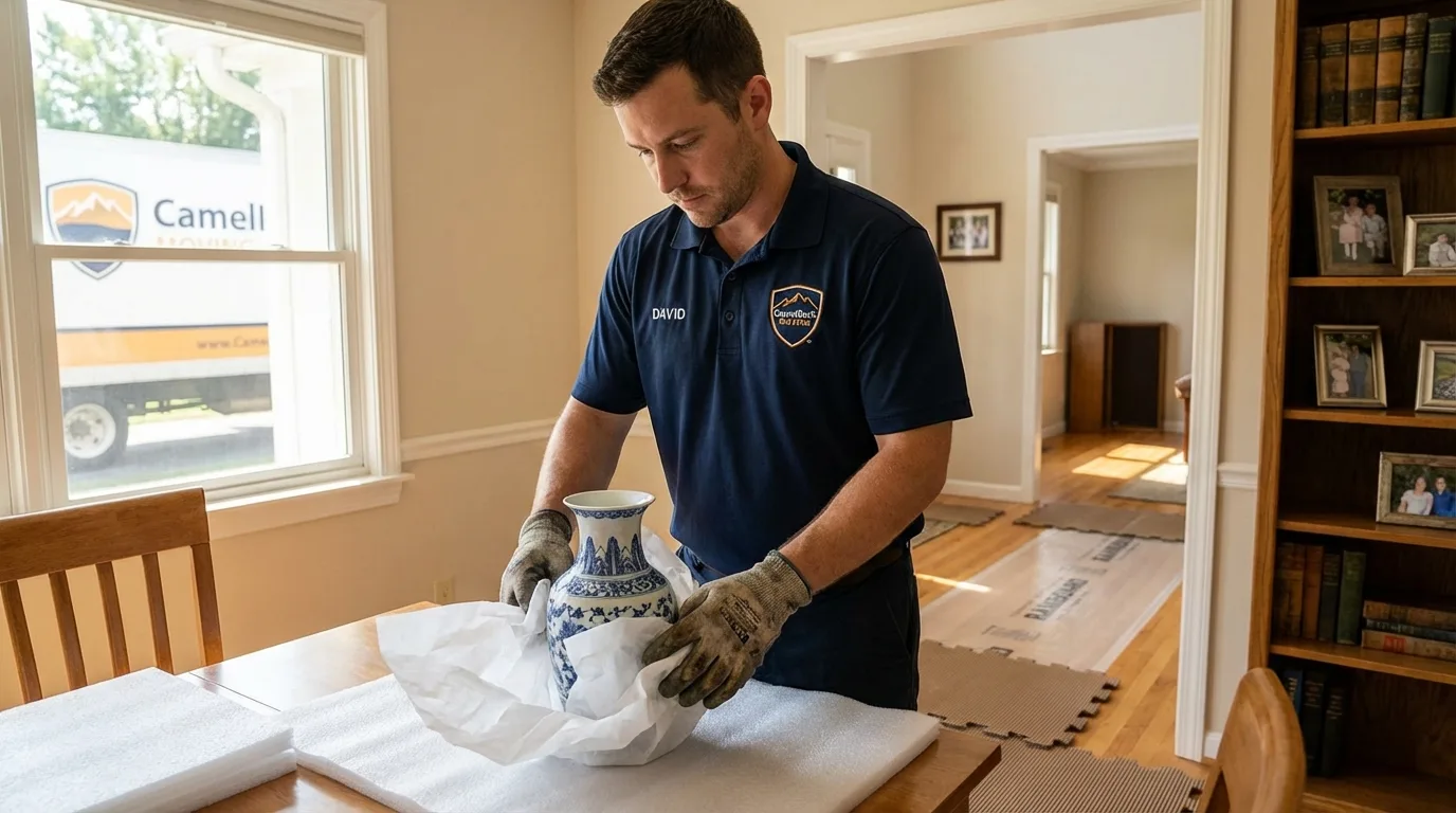 Professional crew carefully wrapping antique vase for senior downsizing move in Woodstock, NY