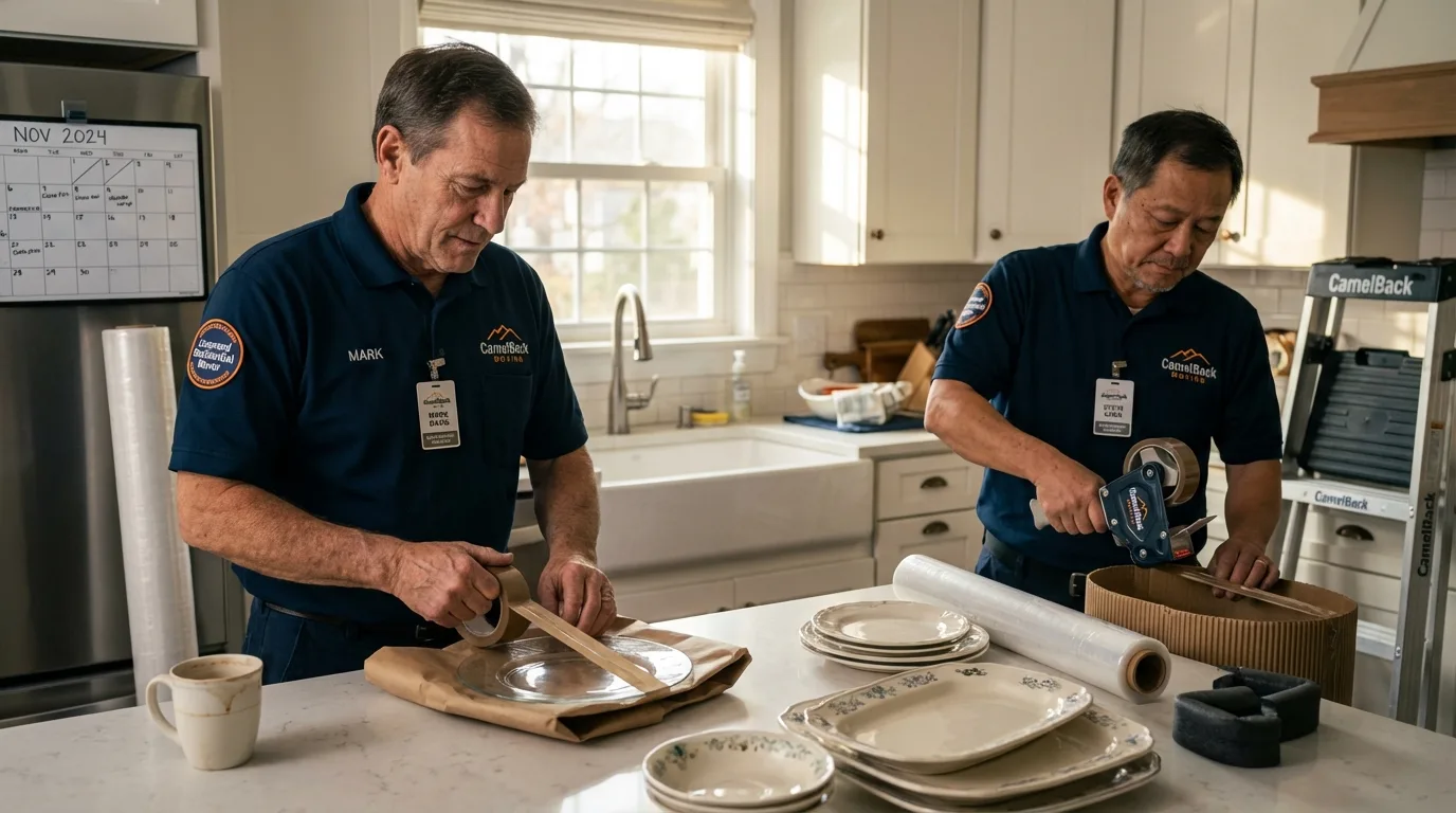 Professional crew packing kitchen dishware in Woodstock, NY